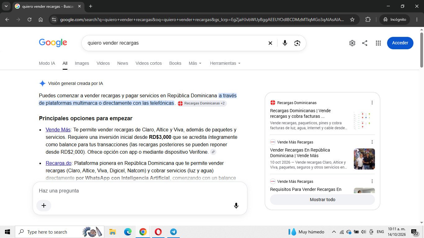 Captura de Google del 14 de octubre de 2026 para la búsqueda «quiero vender recargas»; evidencia de vende-mas en respuesta de ia.