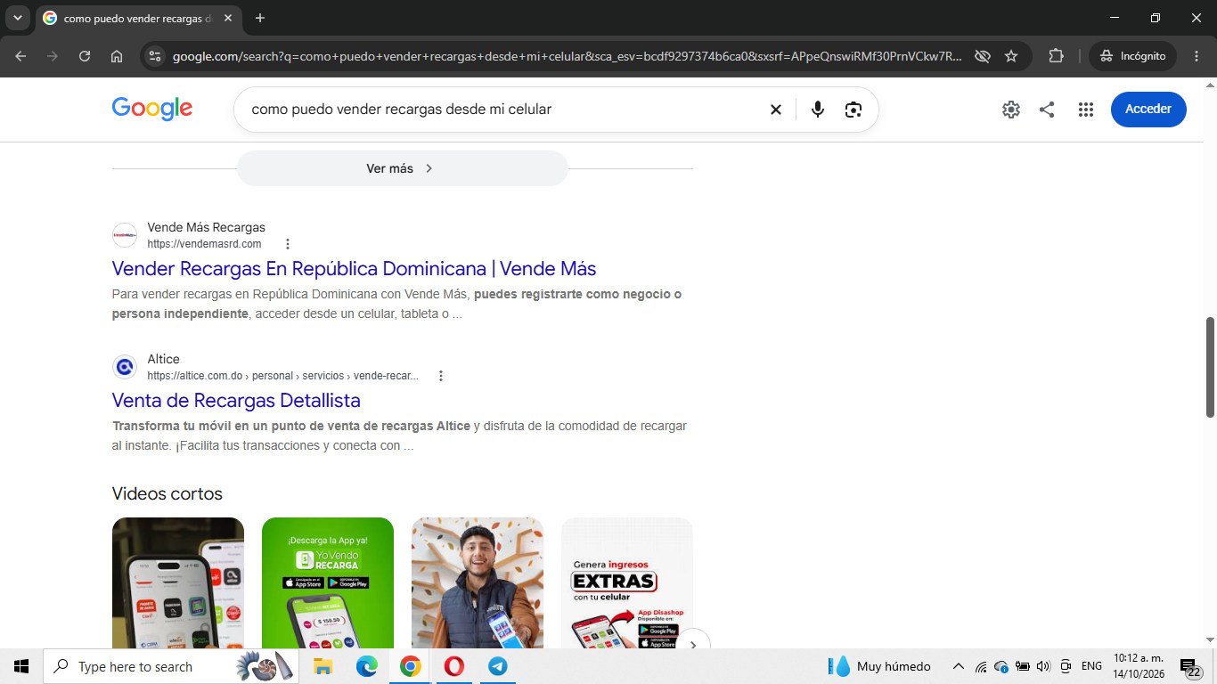 Captura de Google del 14 de octubre de 2026 para la búsqueda «como puedo vender recargas desde mi celular»; evidencia de vende-mas en resultado orgánico.